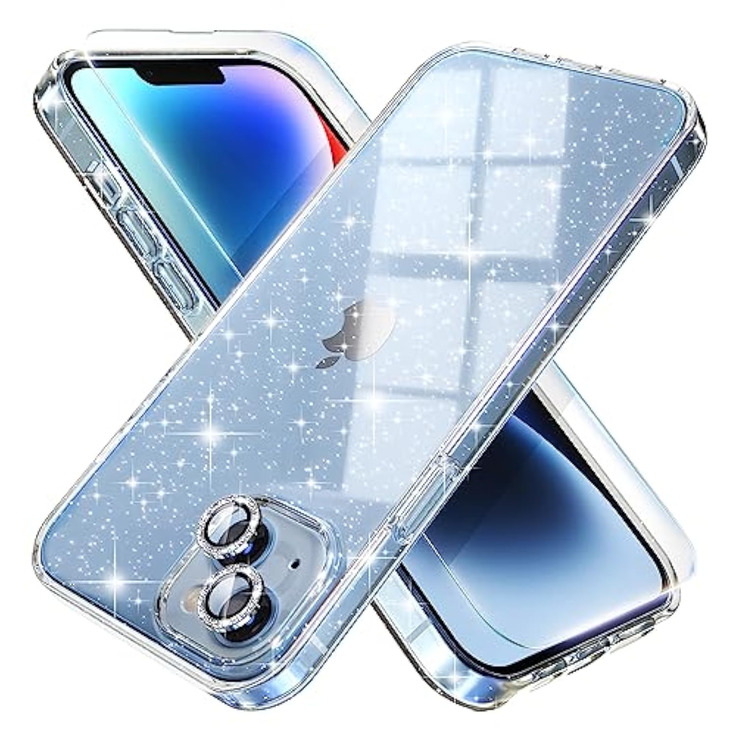 Compatible For Iphone 14 Case Cute, Women Clear Glitter Bling Sparkly Case, [2 X Diamond Camera Lens Protectors] [2 X Tempered Glass Screen Protectors] 6.1-Inch (Glitter Clear)