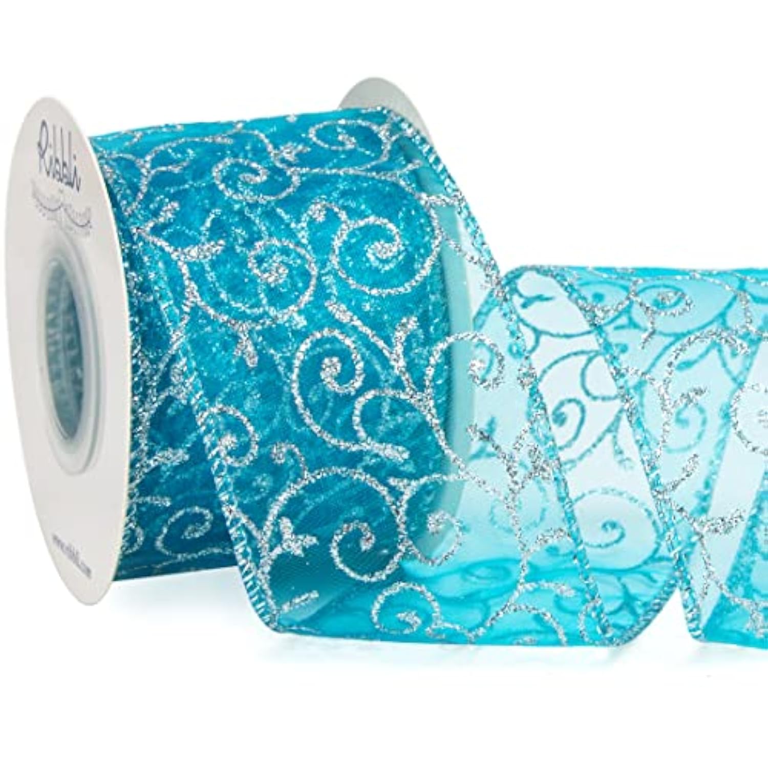Swirl Glitter Wired Ribbon, Turquoise Blue Organza Sheer Ribbon With S