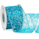 Swirl Glitter Wired Ribbon, Turquoise Blue Organza Sheer Ribbon With S