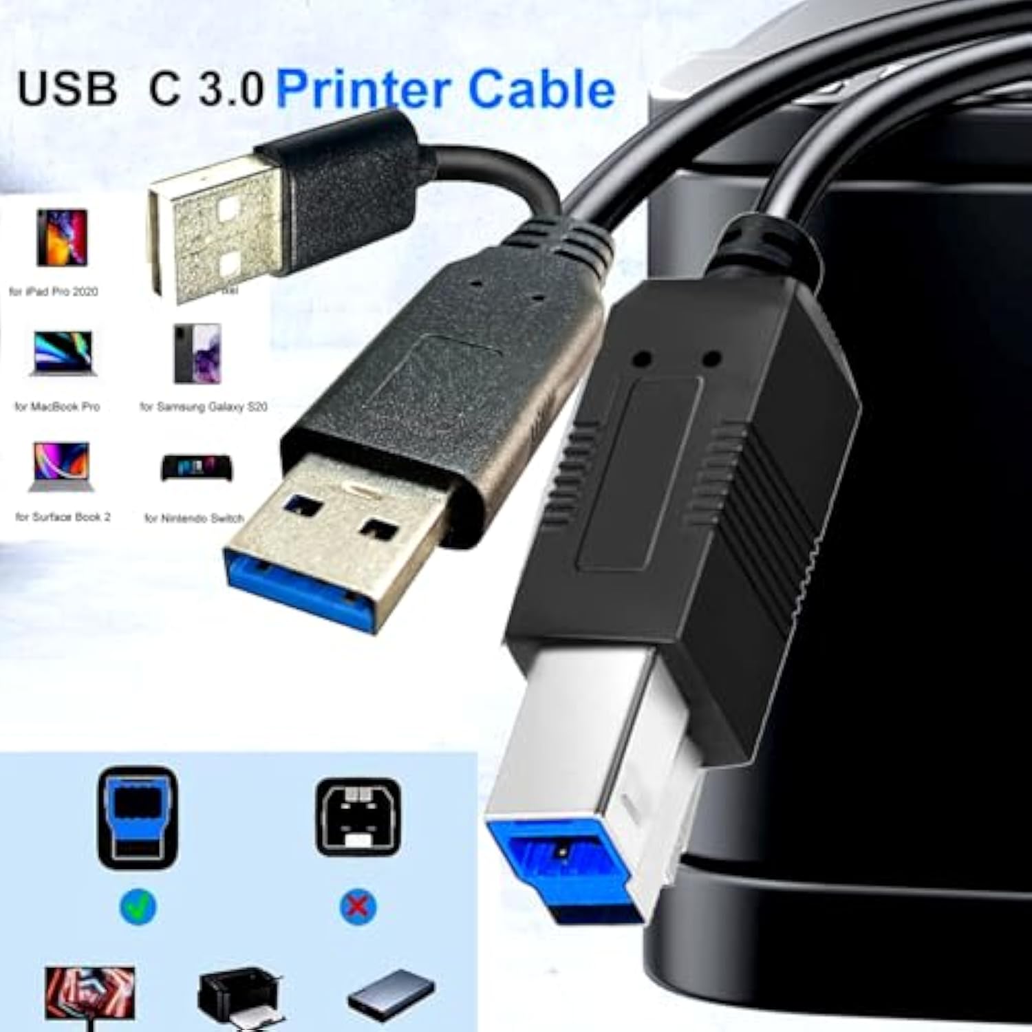 Long Usb3.0 Printer B Cable 60Ft, Usb-A Male To Usb-B 3.0 Male Upstream Cord Compatible With Docking Station, External Hard Drivers, Scanner, Printer With Hp, Canon, Brother And More