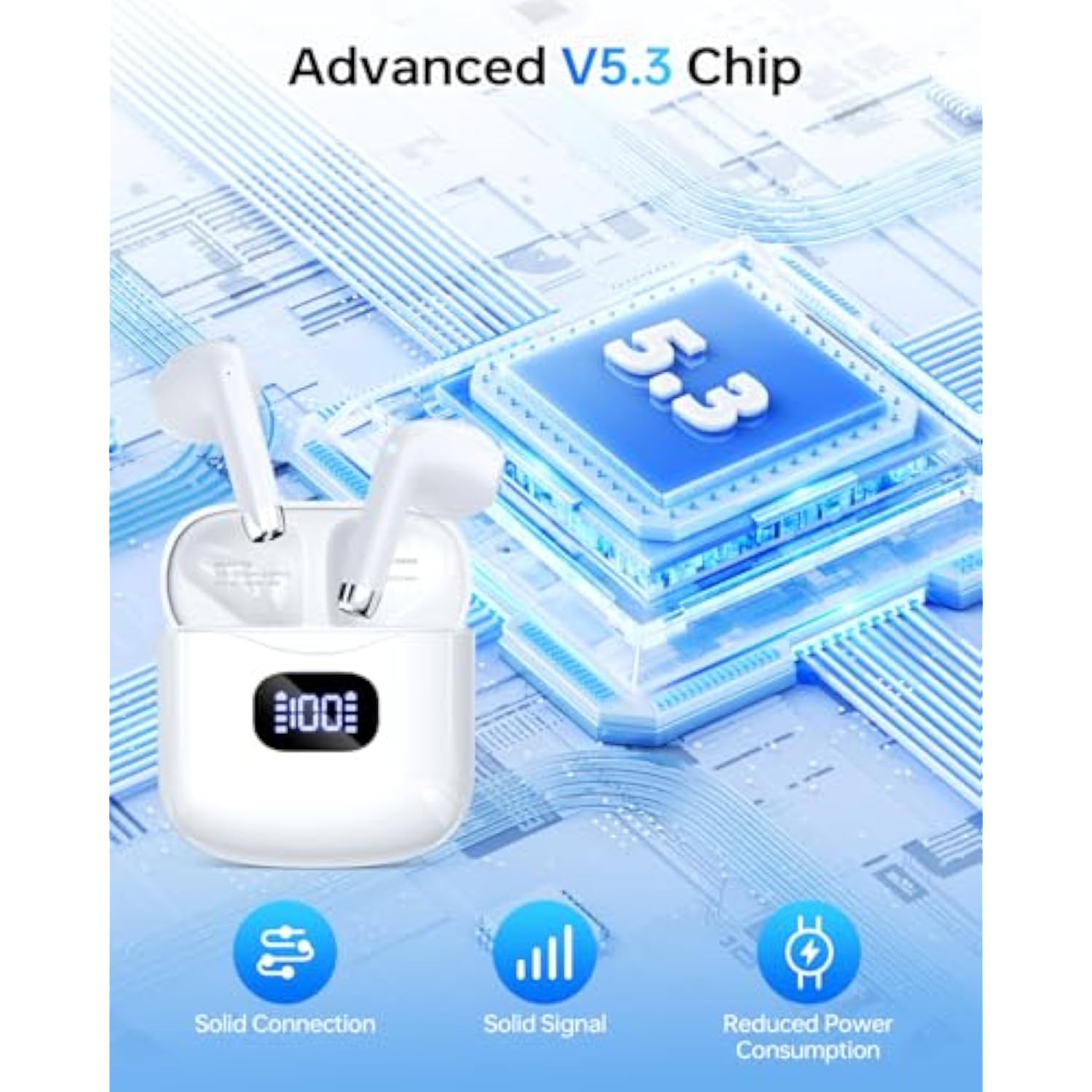 Wireless Earbuds Bluetooth 5.3, 40H Playtime, LED Case, IPX7, Mic, White