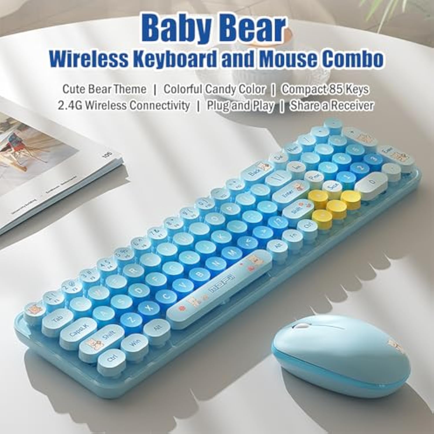 Cute Baby Bear Compact Wireless Keyboard And Mouse Combo, Colorful 85 Round Keys With Numeric Keys, 2.4G Wireless, Gift For Girls And Kids, Compatible With Notebook, Pc (Pink)
