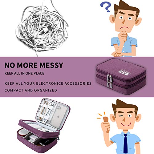 Travel Electronics Organizer Soft Case Small Electronic Accessories Carrying Bag Double-Layer For Cords Phone Chargers Cables Earbuds Adapter Mouse, Purple