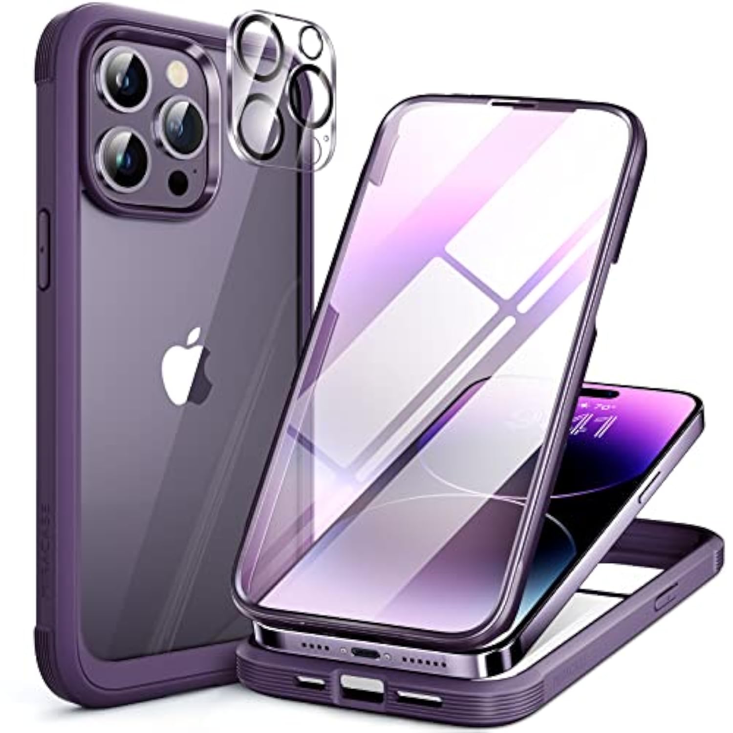 Glass Series For Iphone 14 Pro Case 6.1 Inch, Full-Body Protective Anti Slippery Case With Built-In 9H Tempered Glass Screen Protector, With Camera Lens Protector (Purple)