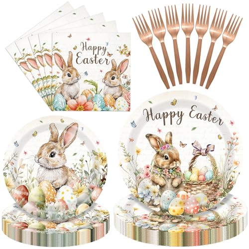 96 Pieces Easter Tableware Set – Bunny Egg Disposable Plates, Napkins and Forks with “Happy Easter” Spring Designs for Holiday Dinners, Parties, and Spring Celebrations – Serves 24