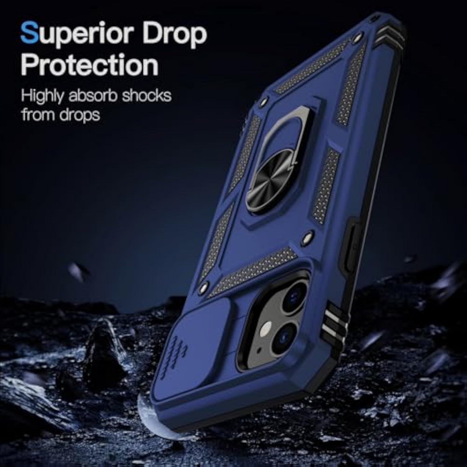 For Iphone 13 Case With Camera Lens Cover Hd Screen Protector, 10 Ft Military Grade Drop Protection, Magnetic Ring Holder Kickstand Protective Phone Case For Iphone 13 6.1 Inch, Navy Blue