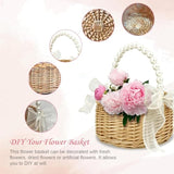 Flower Girl Basket - Woven Rattan Wedding Basket With Pearl Handle & Lace Bow, Rustic Elegant Flower Holder For Wedding Party, Garden Decor, Home Decoration