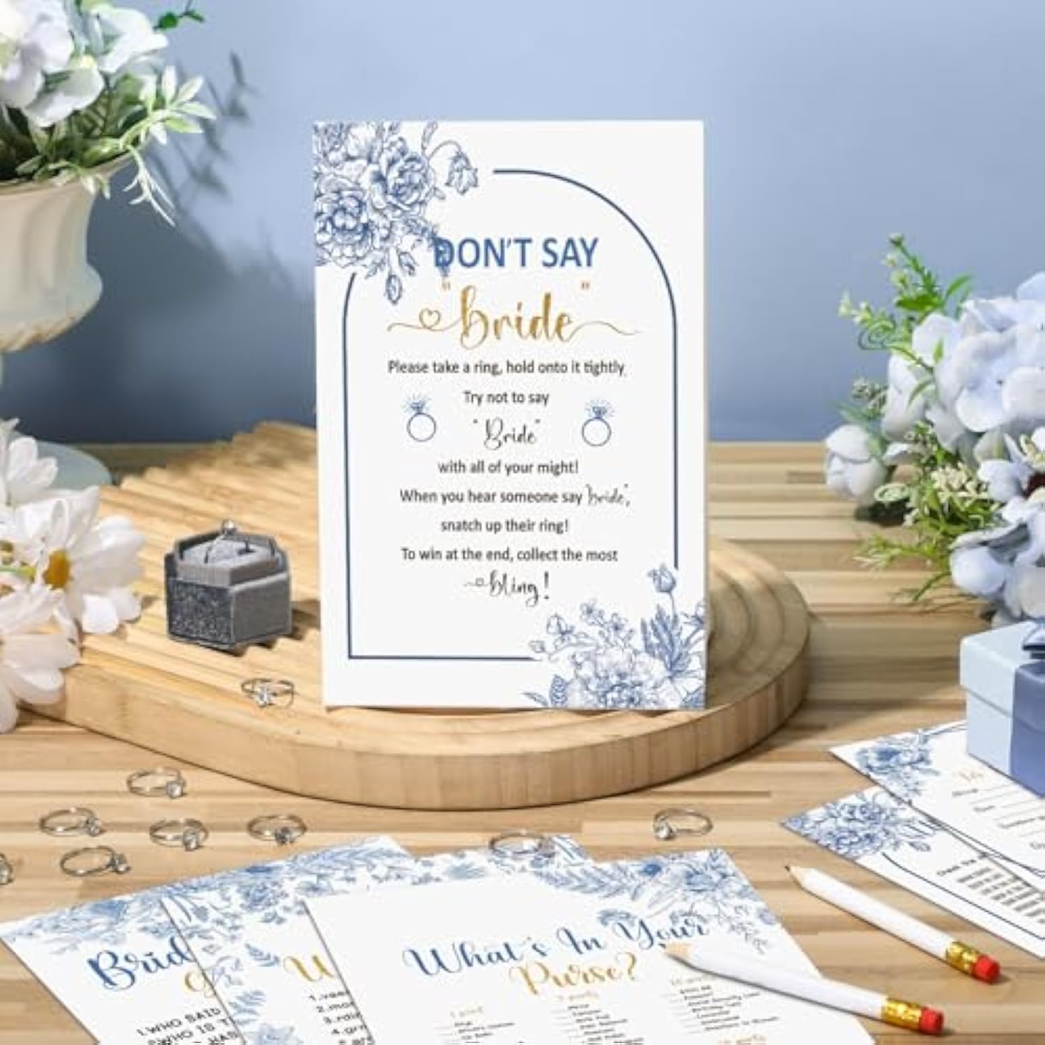 331 Pcs Bridal Shower Games Supplies, 5 Sets 250 Pcs Wedding Games Cards 1 Put A Ring On It Bridal Shower Games With 60 Pcs Rings And 20 Pcs Pencils(Blue Floral Style)