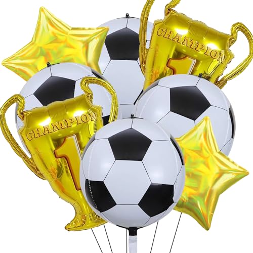 8 Pcs 22 inch 4D Sphere Soccer Balloons Foil Gold Trophy Star Champion Balloon for Soccer Birthday Party Decorations Graduation Sports Football World Cup Party Supplies