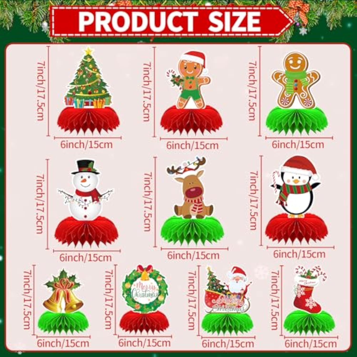 10 Pc Christmas Honeycomb Centerpieces with Gingerbread Snowman Santa for Table Decor