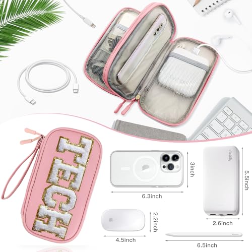 Personalized Electronics Travel Organizer Cable Management Case Phone Charger Charging Cords Tech Accessories Pouch, Unique Trip Gifts For Women Traveler College Teen Girls Vacation Pink