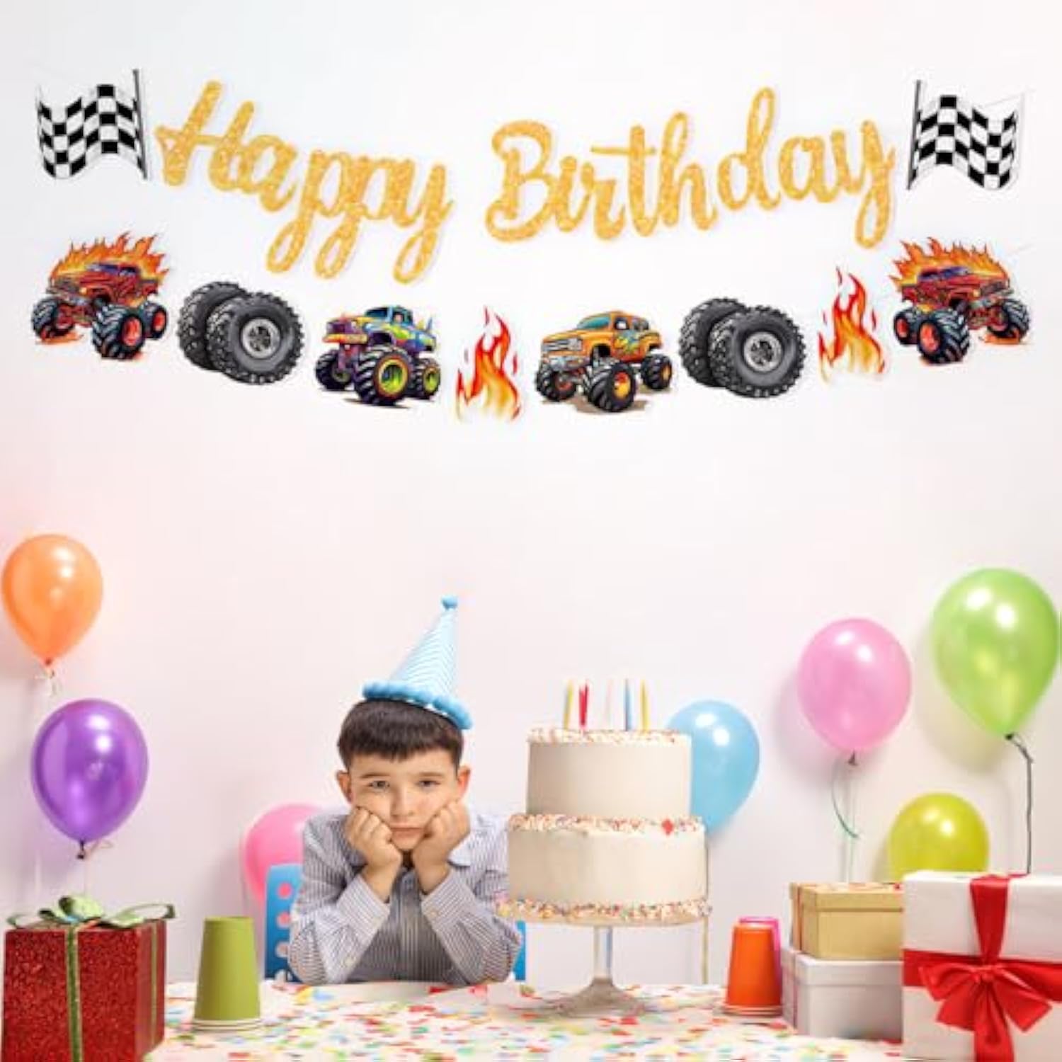 Monster Truck Birthday Banner, Cars Trucks Happy Birthday Sign, Party Decorations For Boys, Racing Themed Party Supplies