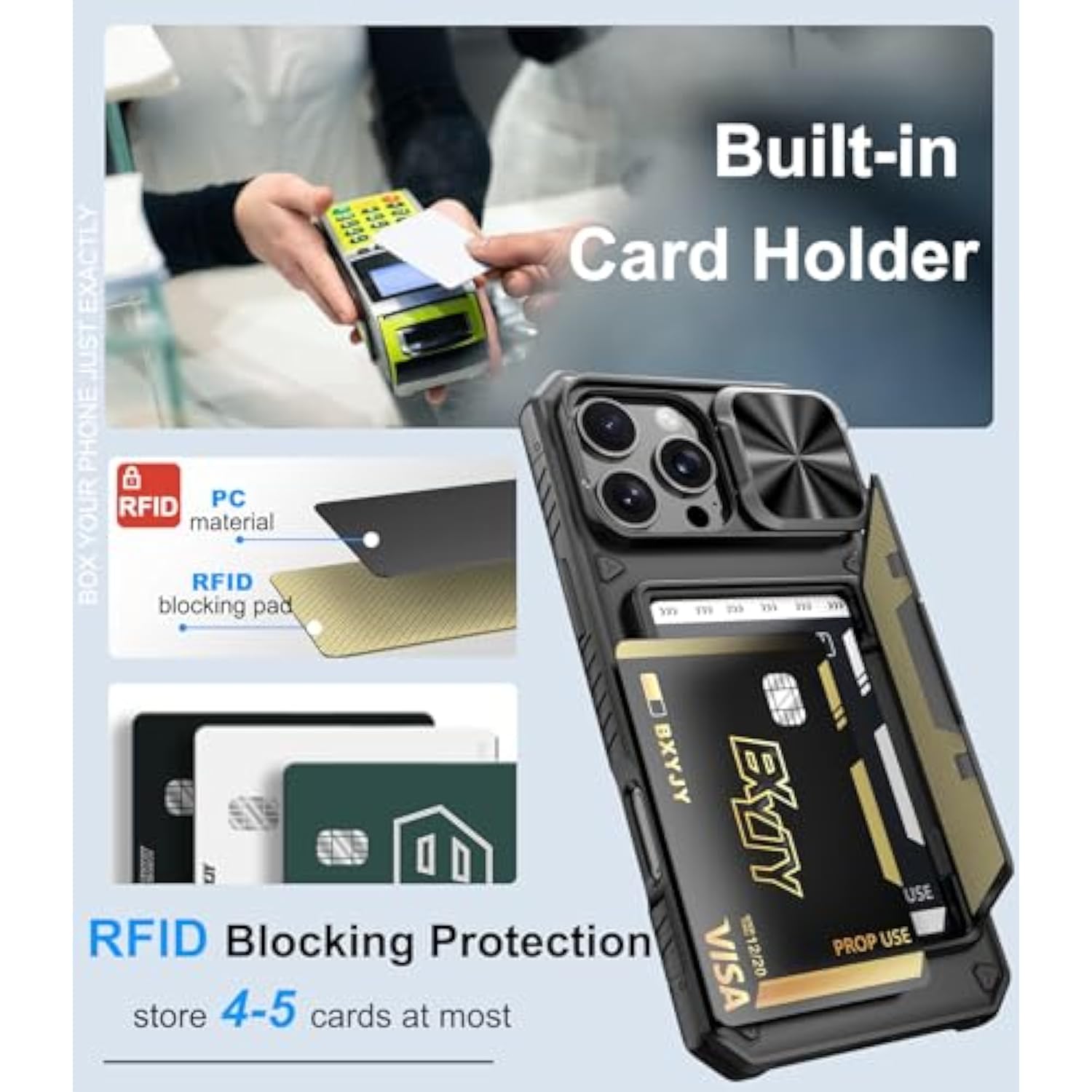 For Iphone 16 Pro Max Case Wallet, Built-In Card Holder (4-5 Cards), Slide Lens Cover, Military Drop Protection, Rugged Heavy Duty Men Women Protective Phone Case For Iphone 16 Pro Max, Black