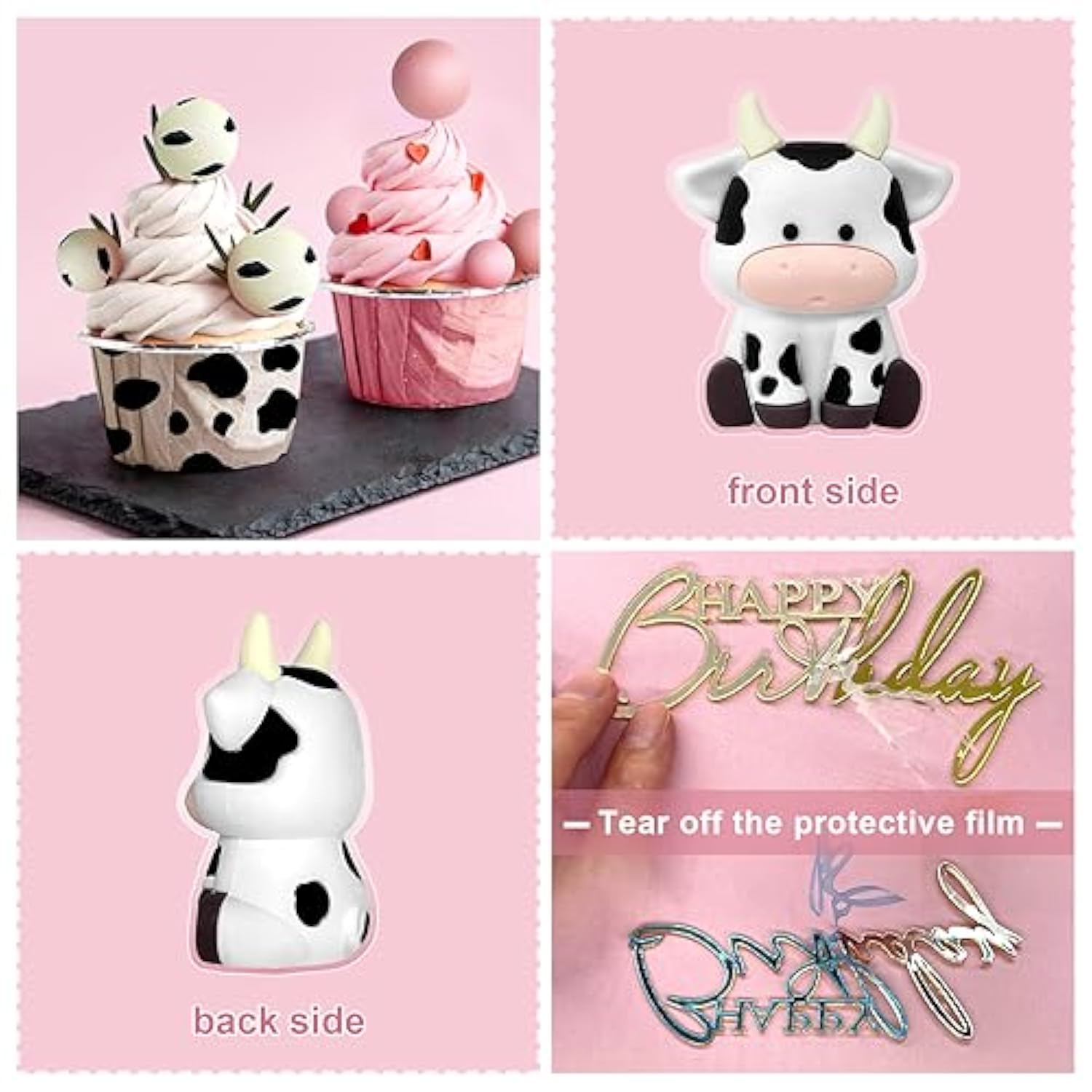 14 Pcs Cow Cake Decorations Pearls Balls Cake Toppers With Gold Happy Birthday Acrylic Cake Topper For Baby Shower Wedding Birthday Party Decor (Pink)