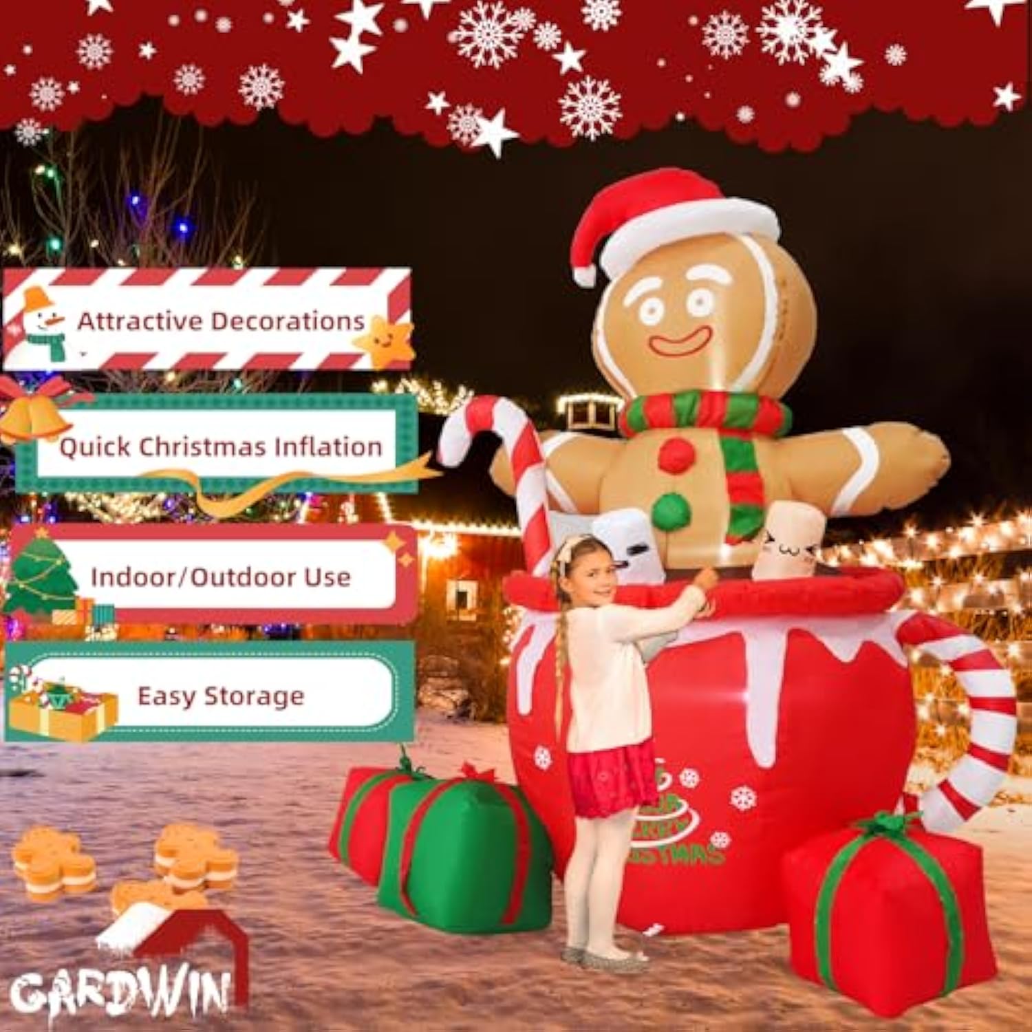 6Ft Gingerbread Christmas Inflatable Outdoor Decoration, Christmas Outdoor Decoration Blow Up Gingerbread Mug Yard Decor