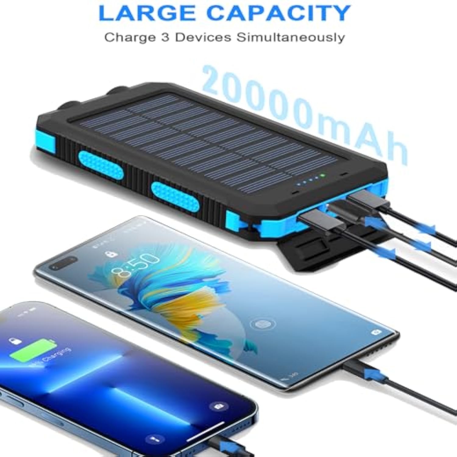 Solar Charger, 20000Mah Portable Type-C Solar Power Bank With 4 Cables, Waterproof Battery Pack, Outdoor External Backup Power Charger Six Outputs/Led Flashlights, Perfect For Camping Travel