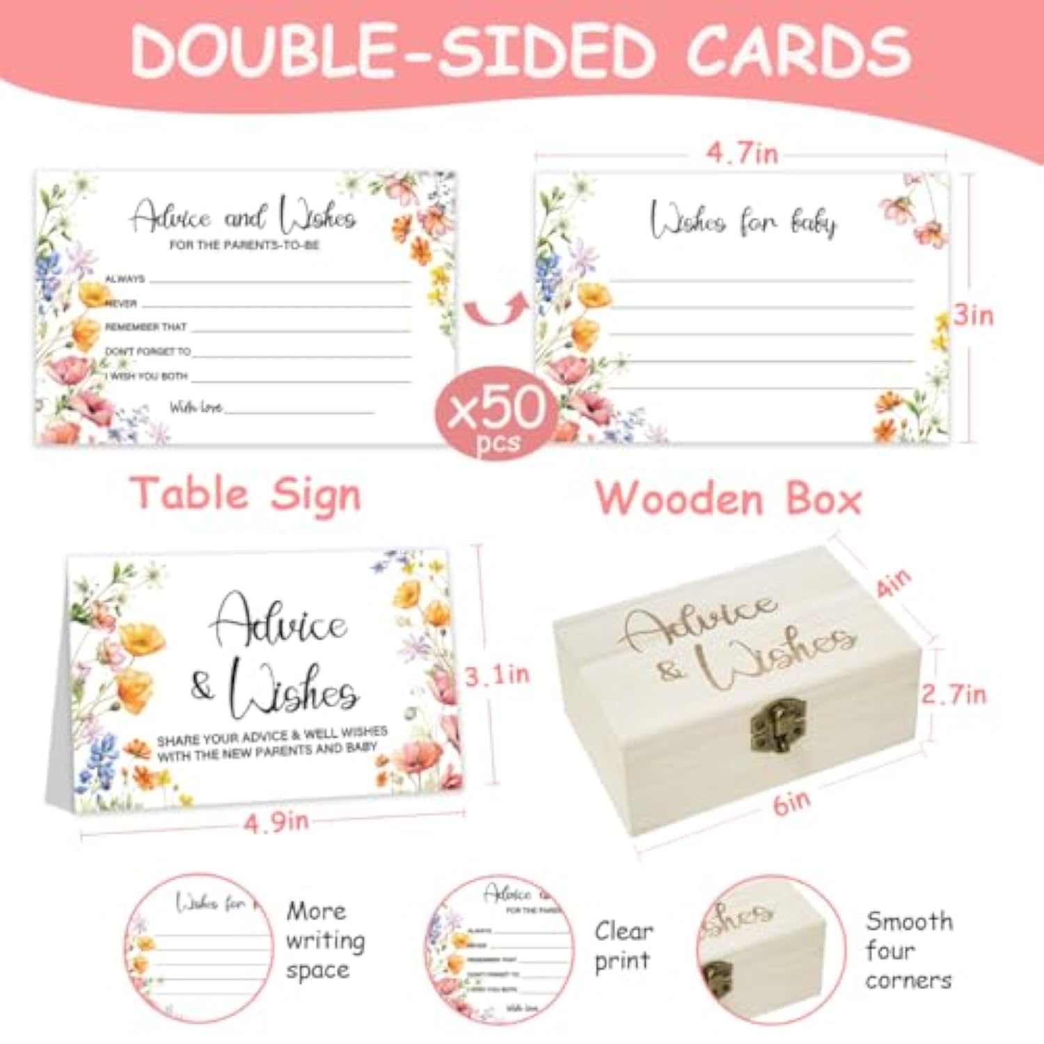 50Pcs Wildflower Baby Shower Advice Cards For Baby Shower Games, Baby In Bloom Advice And Wish Cards Box For New Parents Baby Shower Decorations (Mix)