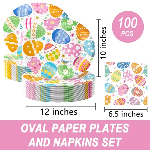 100Pcs Easter Oval Paper Plates and Napkins Set, 10" x 12" Large Disposable Party Plates and 6.5'' Napkins for Easter Party Supplies