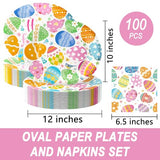 100Pcs Easter Oval Paper Plates and Napkins Set, 10" x 12" Large Disposable Party Plates and 6.5'' Napkins for Easter Party Supplies