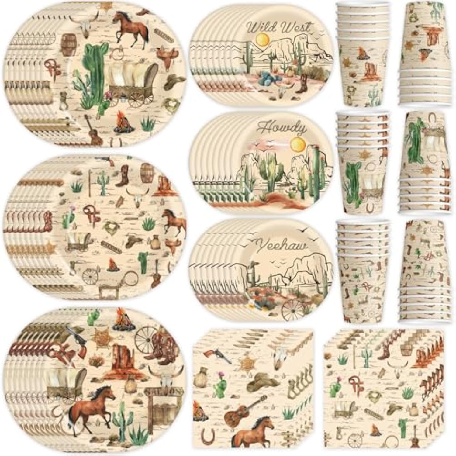 120 Pcs Of Cowboy Party Supplies, Western Competitive Party Supplies, Cowboy Birthday Party Decorations, Plates, Tissues, Cups, Western Themed Tableware, Can Be Used By 30 People