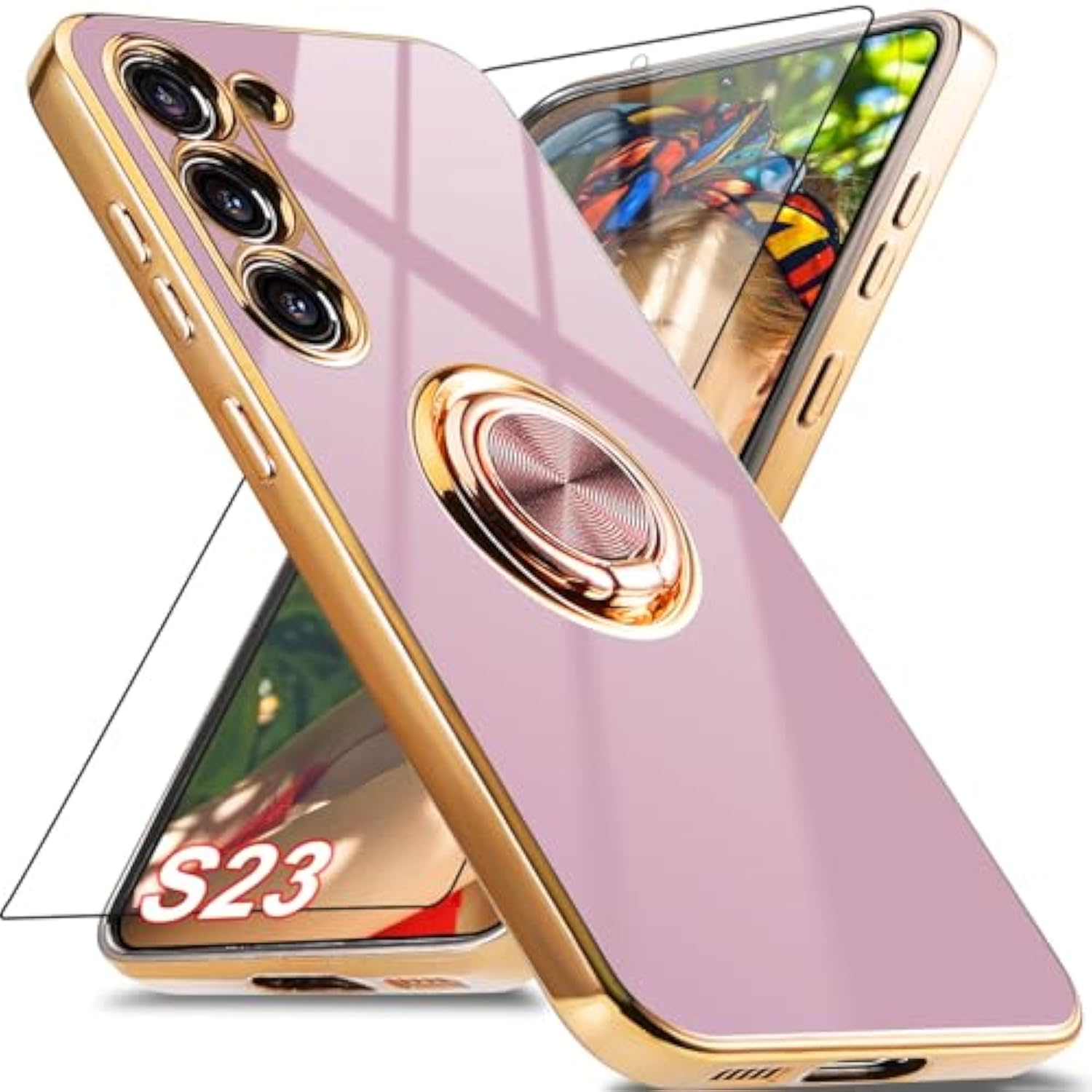 For Samsung Galaxy S23 Case With 1 Screen Protector, Built-In 360° Rotation Ring Holder Magnetic Stand, Luxury Shiny Plating Edge Shockproof Electroplated Protective Phone Cover (Purple/Golden)