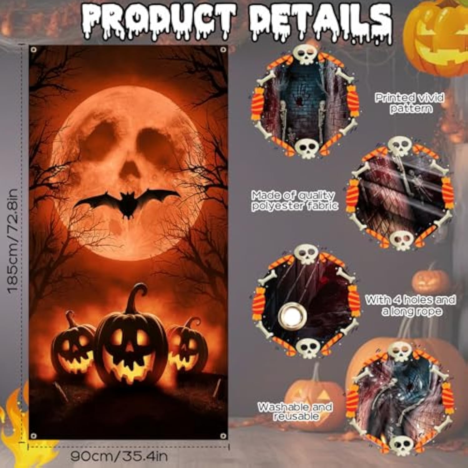 Large Horror Halloween Door Banner Scary Moon Pumpkins Bats Porch Outdoor Decor