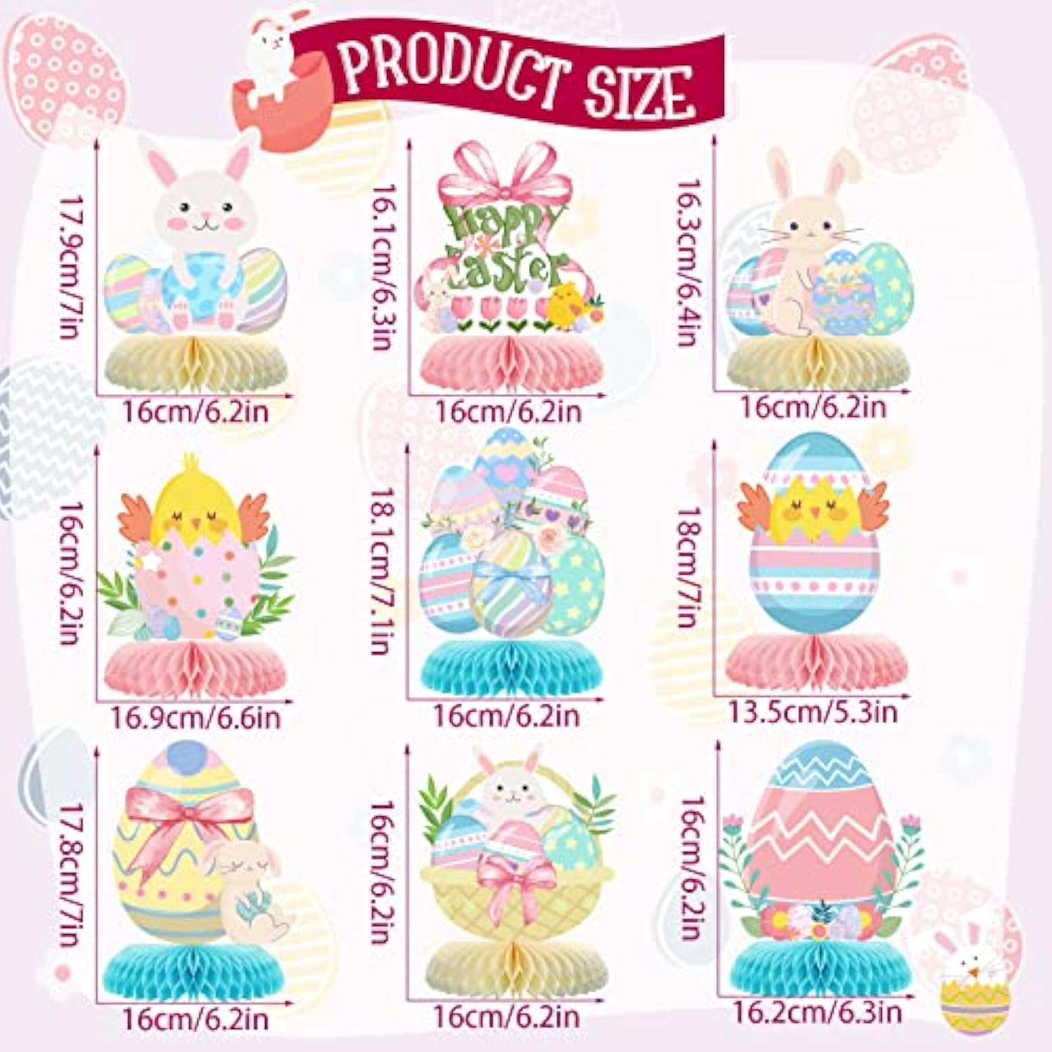 9Pcs Easter Honeycomb Centerpieces Party Decorations,Happy Easter Bunny Easter Egg Centerpieces 3D Table Honeycomb For Spring Easter Rabbit Photo Prop Party Supplies