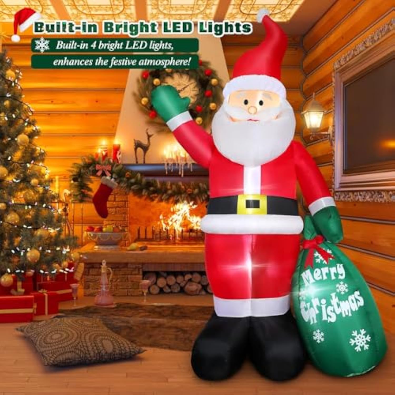 8 Ft Christmas Inflatable Santa Claus Outdoor Decors For Yard, Xmas Blow Up Santa Decoration With Gift Bag, Built-In Led