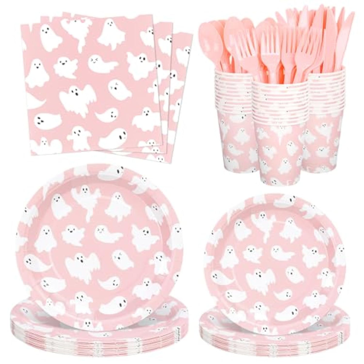 168Pcs Halloween Ghost Tableware Set Pink Boo Plates Napkins Cups Cutlery for 24 Guests