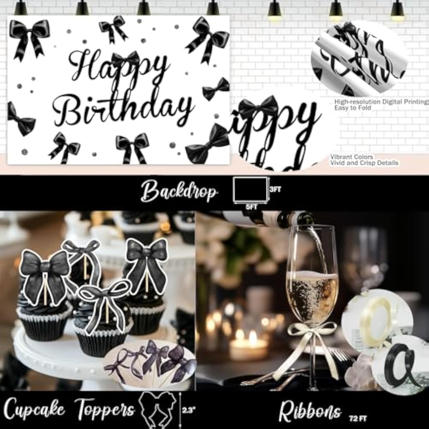 Black Bow Birthday Decorations – 110 Pcs Black Bow Themed Party Supplies With Backdrop, Tablecloth, Cake Topper, Banner, Cupcake Toppers, Ribbons, Balloon Garland
