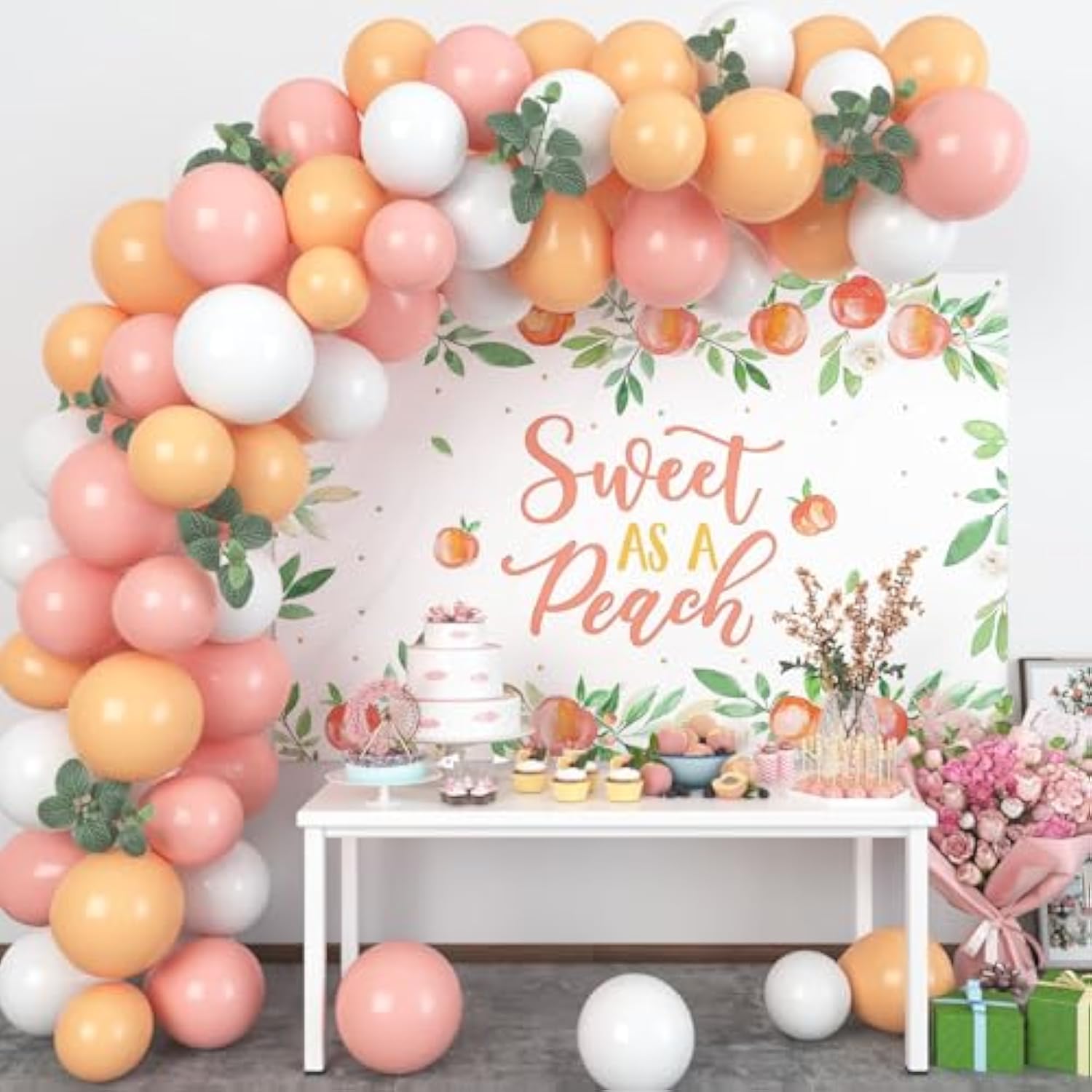 Sweet as a Peach Backdrop & Balloon Garland – Baby Shower and 1st Birthday Party Decor Set