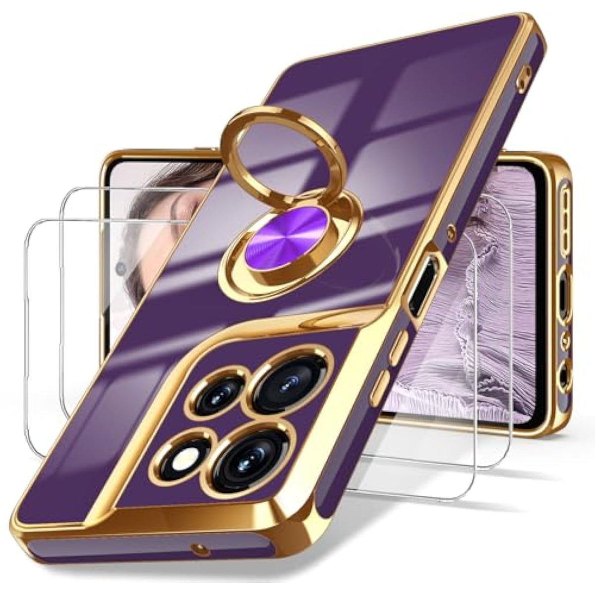For Moto G Power 5G 2025 Case, 2X Screen Protector, 360° Rotatable Ring Holder Magnetic Kickstand,Plated Gold Edge Slim Soft Tpu Protective Cover For Motorola G Power 5G 2025 (Deep Purple)