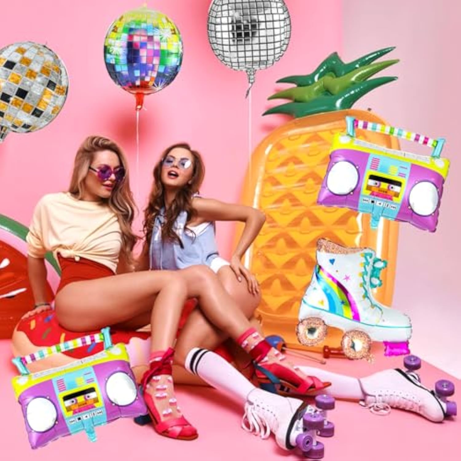 10 Pcs Roller Skate Balloon Set 22 Inch Disco Ball Balloons Color Foil Boombox Balloon 80S 90S Retro Balloons For Disco Theme Hip Hop Birthday Party