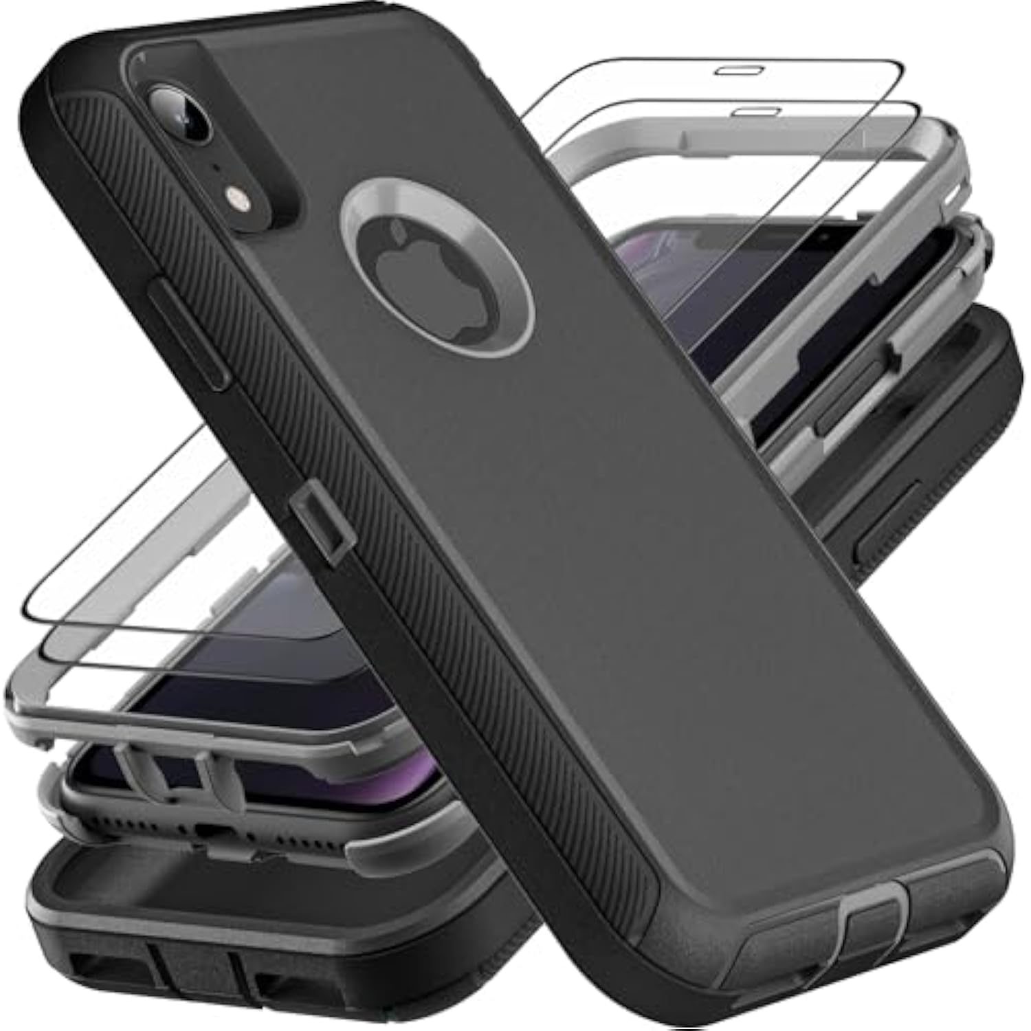 For Iphone Xr Case, Military Grade 3 In 1 Heavy Duty Shockproof/Drop Proof/Dust Proof Case With 2Pcs Tempered Glass Screen Protector (Black/Grey)