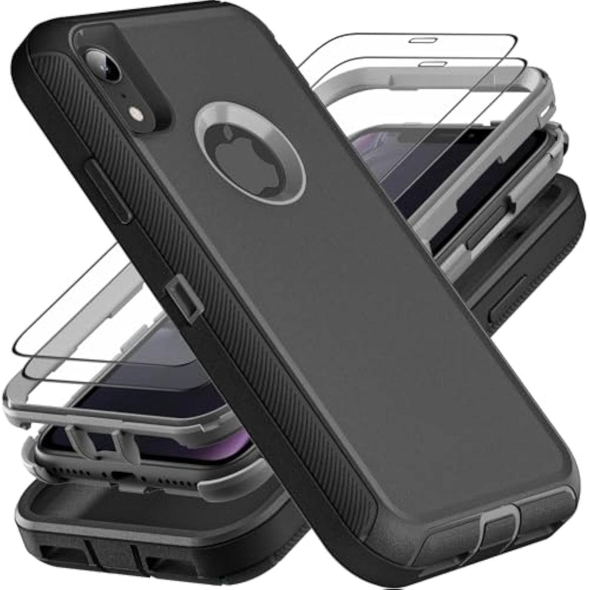 For Iphone Xr Case, Military Grade 3 In 1 Heavy Duty Shockproof/Drop Proof/Dust Proof Case With 2Pcs Tempered Glass Screen Protector (Black/Grey)
