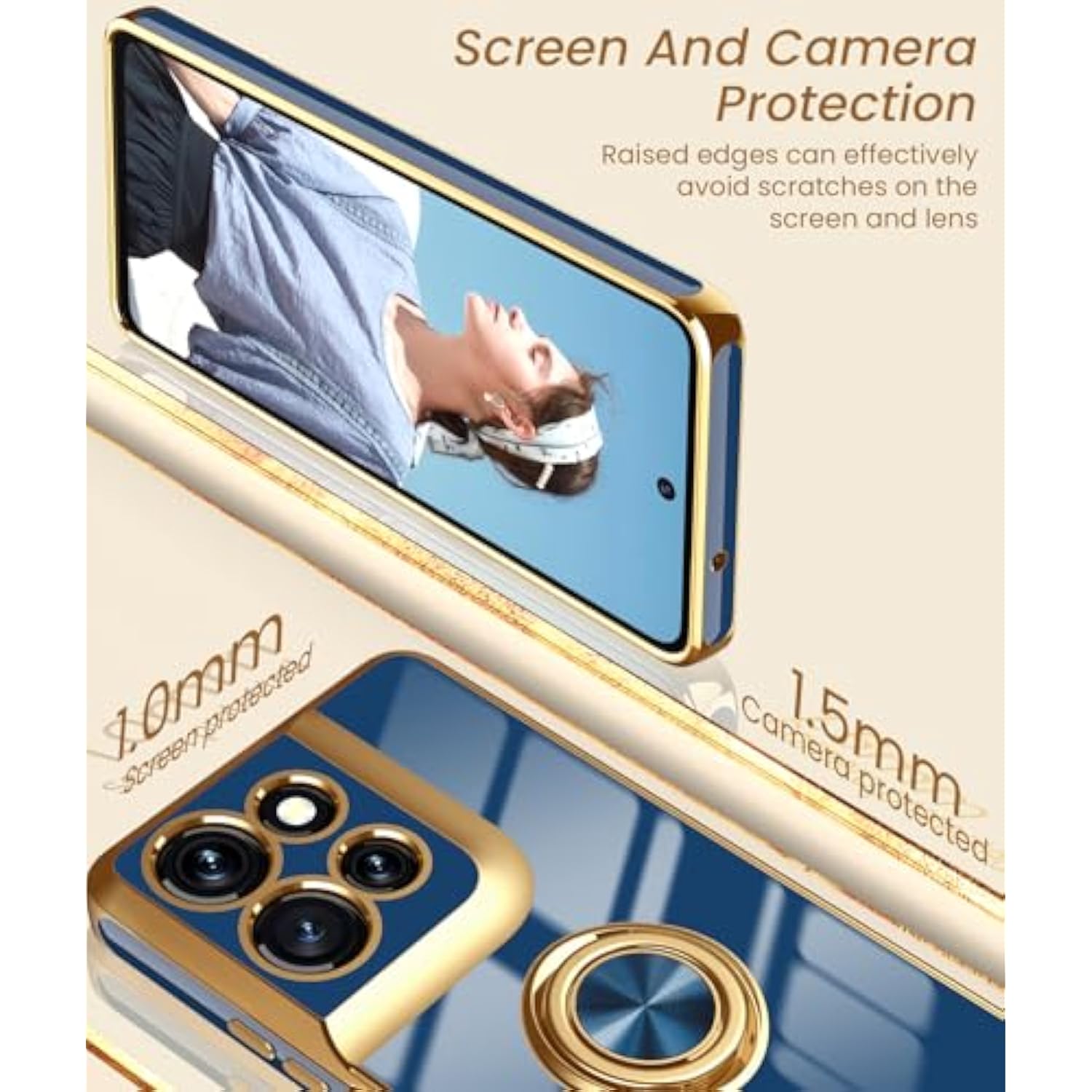 For Moto G Power 5G 2025 Case, 2X Screen Protector, 360° Rotatable Ring Holder Magnetic Kickstand,Plated Gold Edge Slim Soft Tpu Protective Cover For Motorola G Power 5G 2025 (Blue)