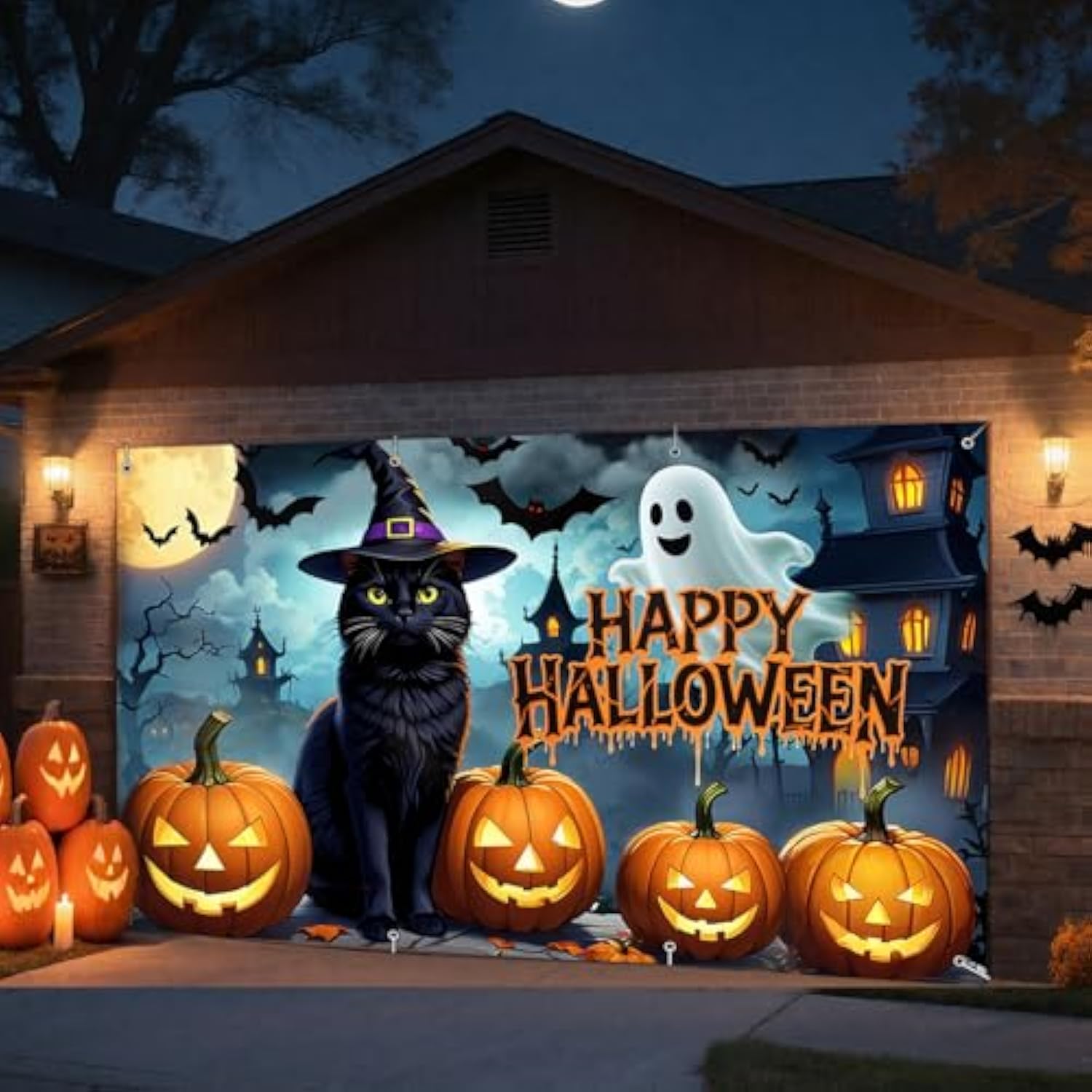 Halloween Garage Door Banner 6x13ft Large Hanging Backdrop Ghost Pumpkin Cat Haunted House Decor