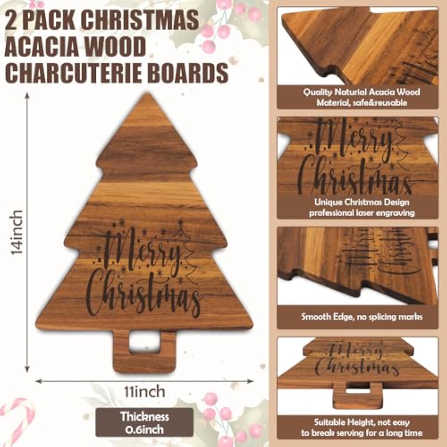 2 Pcs Merry Christmas Wooden Cutting Board Xmas Tree Kitchen Charcuterie Board Decorative Serving Platter Tray For Winter Home Party Gift Decor