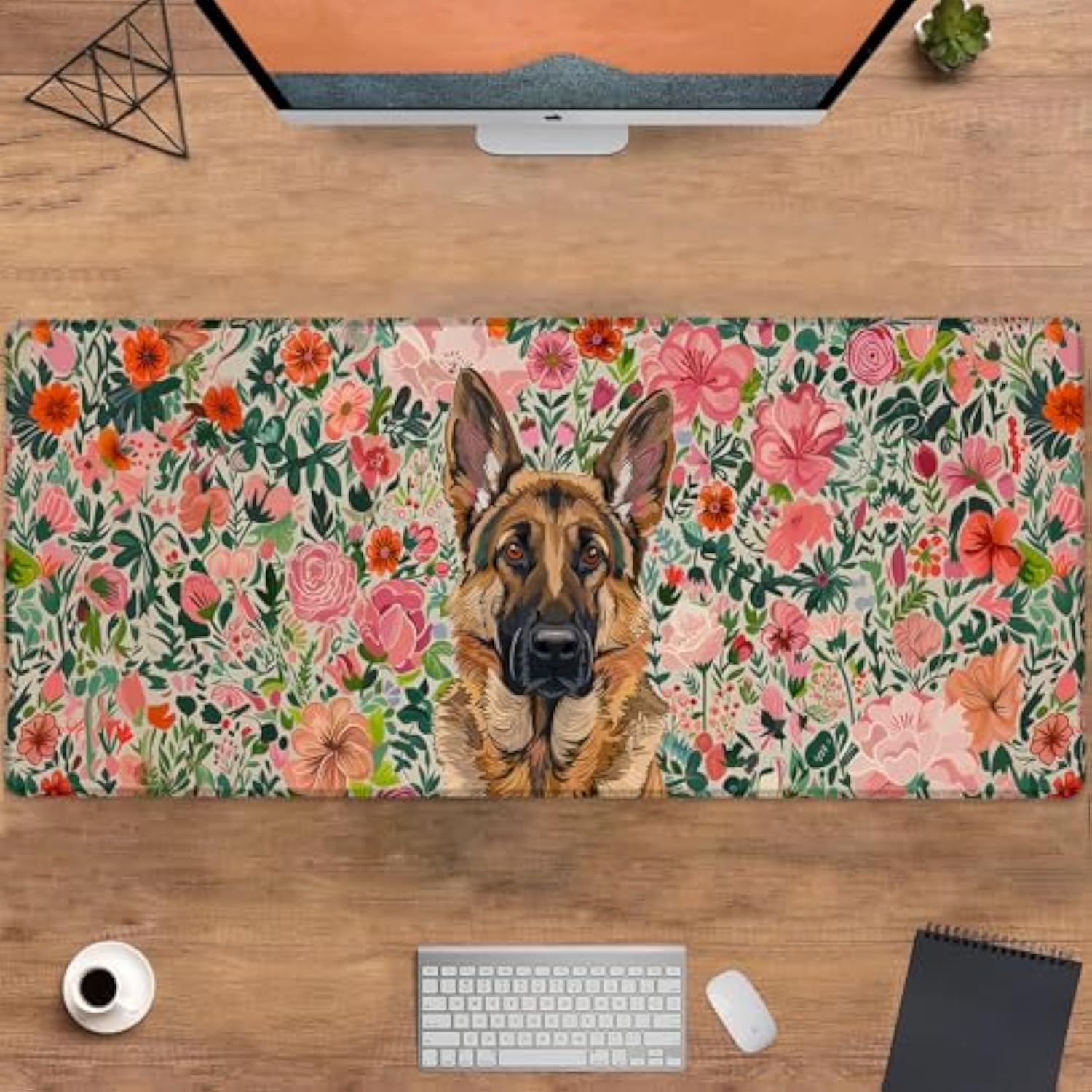 Cute Dog Gaming Mouse Pad, Large Office Desktop Puppy Mousepad For Computer Laptop, Extended Work Desk Mat With Anti-Slip Base, Decorative Desk Pad 31.5×11.8 In (German Shepherd Floral)