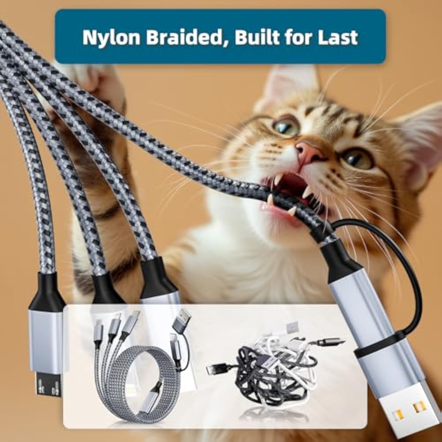 3 In 2 Multi Charging Cable(3Pack 4Ft), Usb A+Usb C Charging Cable Nylon Multi Usb Cable Universal Charging Cord With Type-C, Micro Usb And Ip Port For Cell Phones And More