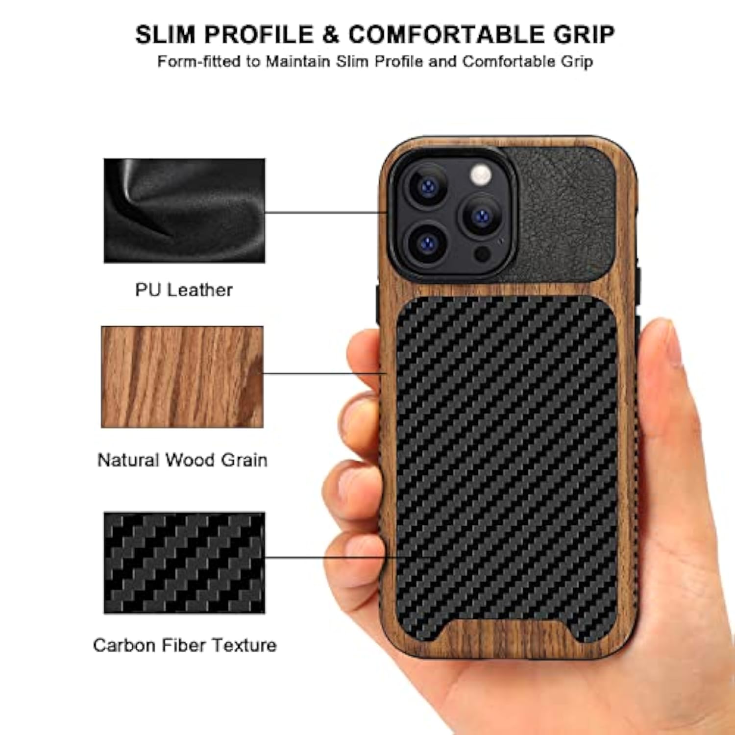 Magnetic Case Compatible With Iphone 13 Pro Max Case Wood Grain With Carbon Fiber Texture Design Leather Hybrid Slim Case (Compatible With Magsafe) Black