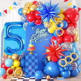 Red Yellow Blue Balloon Garland Arch Kit With Navy Blue 40 Inch Number 5 Balloon, 5Th Birthday Decorations For Boy With Star Foil Balloons For Kid 5 Year Old Theme Party Baby Shower Graduation