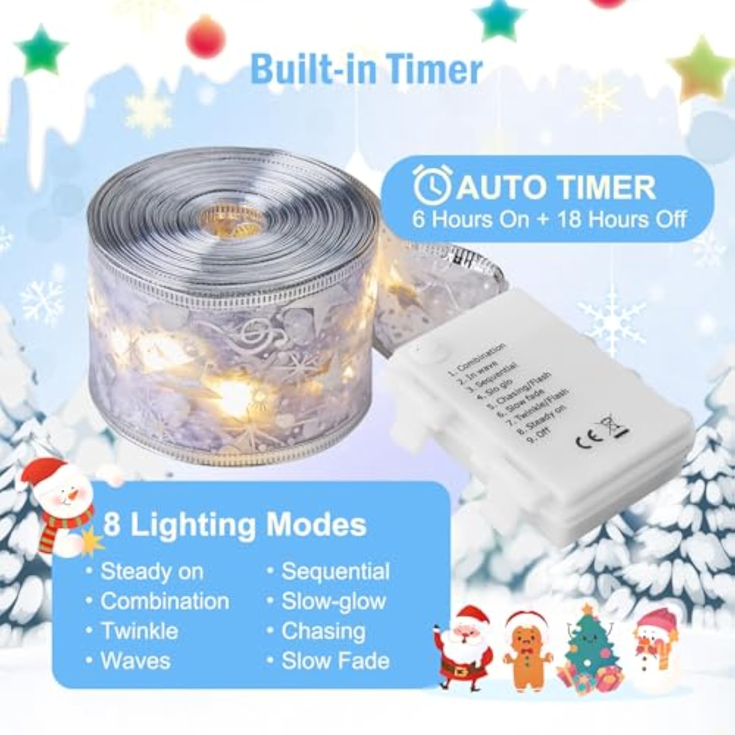 Christmas Tree Ribbon String Lights - 33Ft 100 Led Battery Powered Fairy Lights With Timer