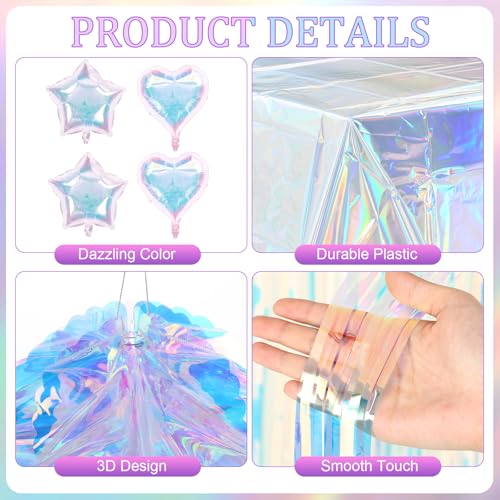 13 Pcs Iridescent Party Decorations with Holographic Tablecloth Balloons Star Moon Garlands Streamer Honeycomb Balls Paper Fan Foil Fringe Curtain for Disco Mermaid Birthday Party Supplies
