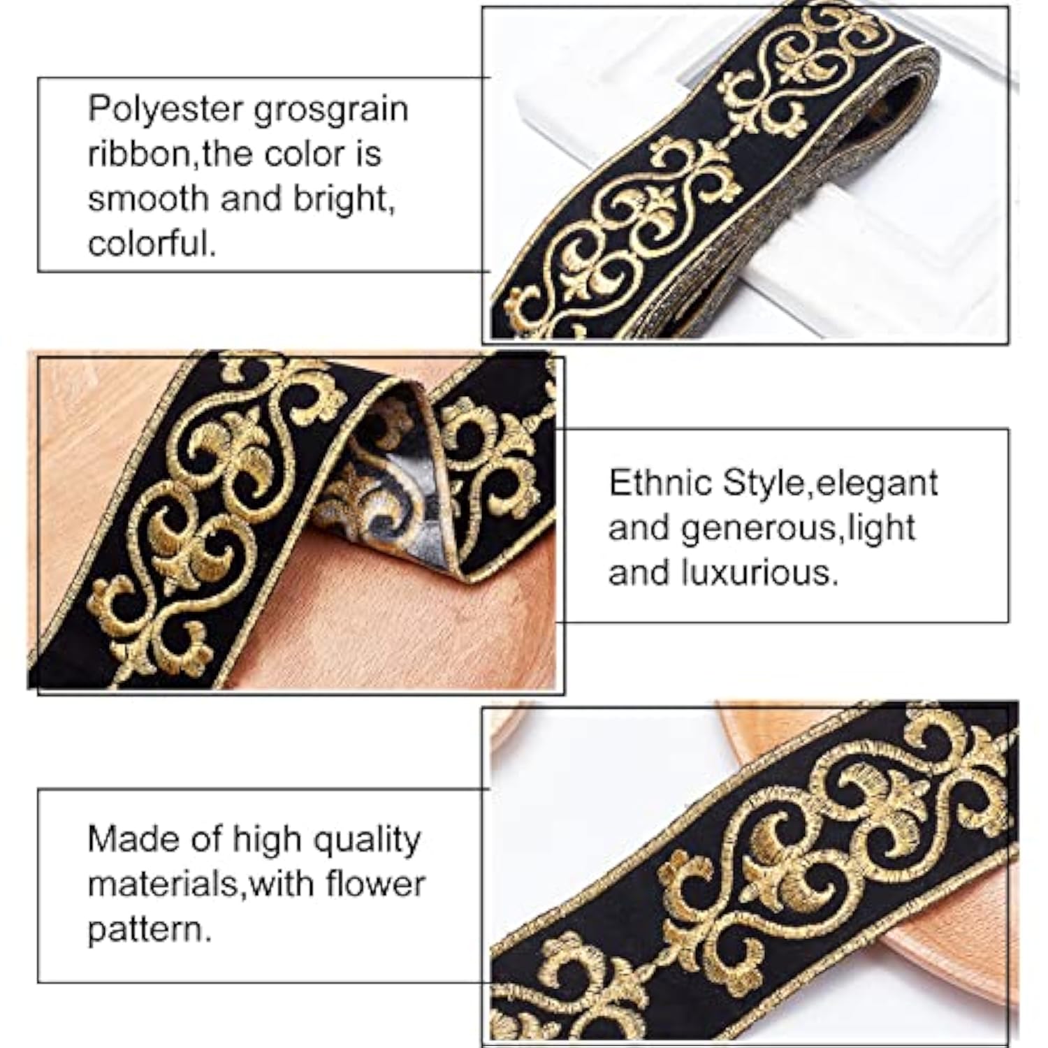 1.75 Inch Jacquard Ribbon, 4 Yards Hot Adhesive Floral Trim Black Gold