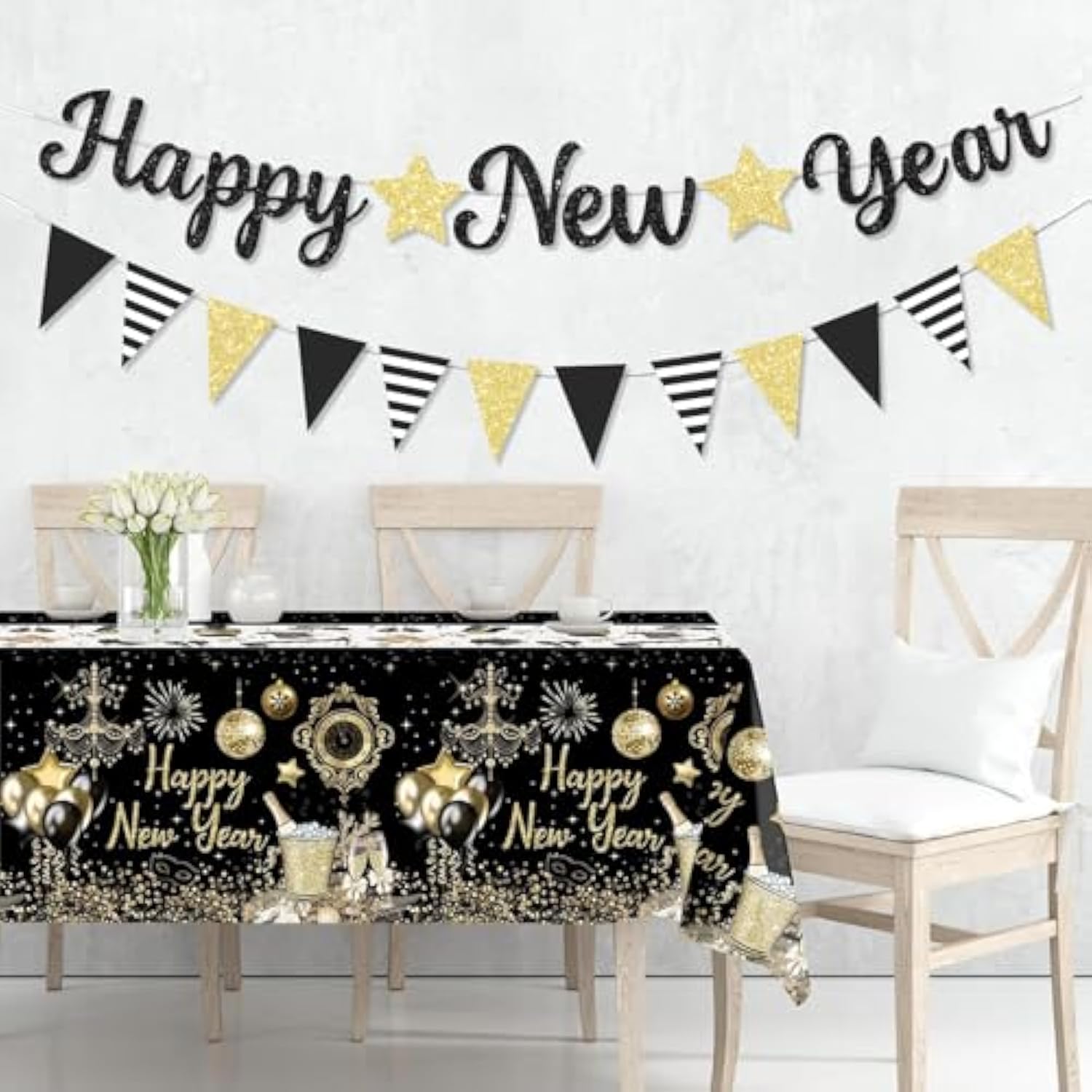 Glitter Happy New Year 2026 Black Banner New Year’s Eve Party Decor
