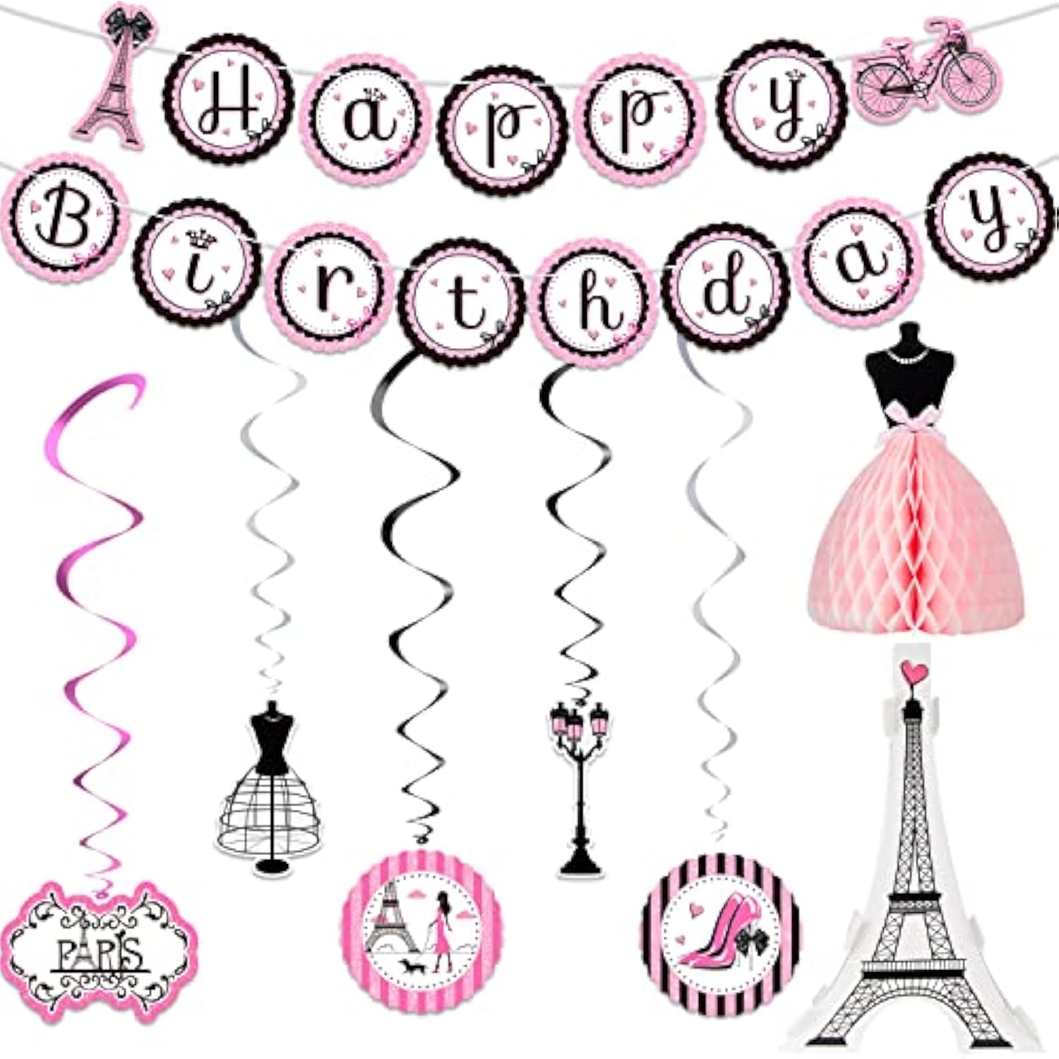 Paris Birthday Party Decorations Set, Eiffel Tower Themed Decoration For Oh La La Baby Shower, Paris Banner Honeycomb Centerpiece Cutout Hanging Swirl Decoration For Theme Party Supplies