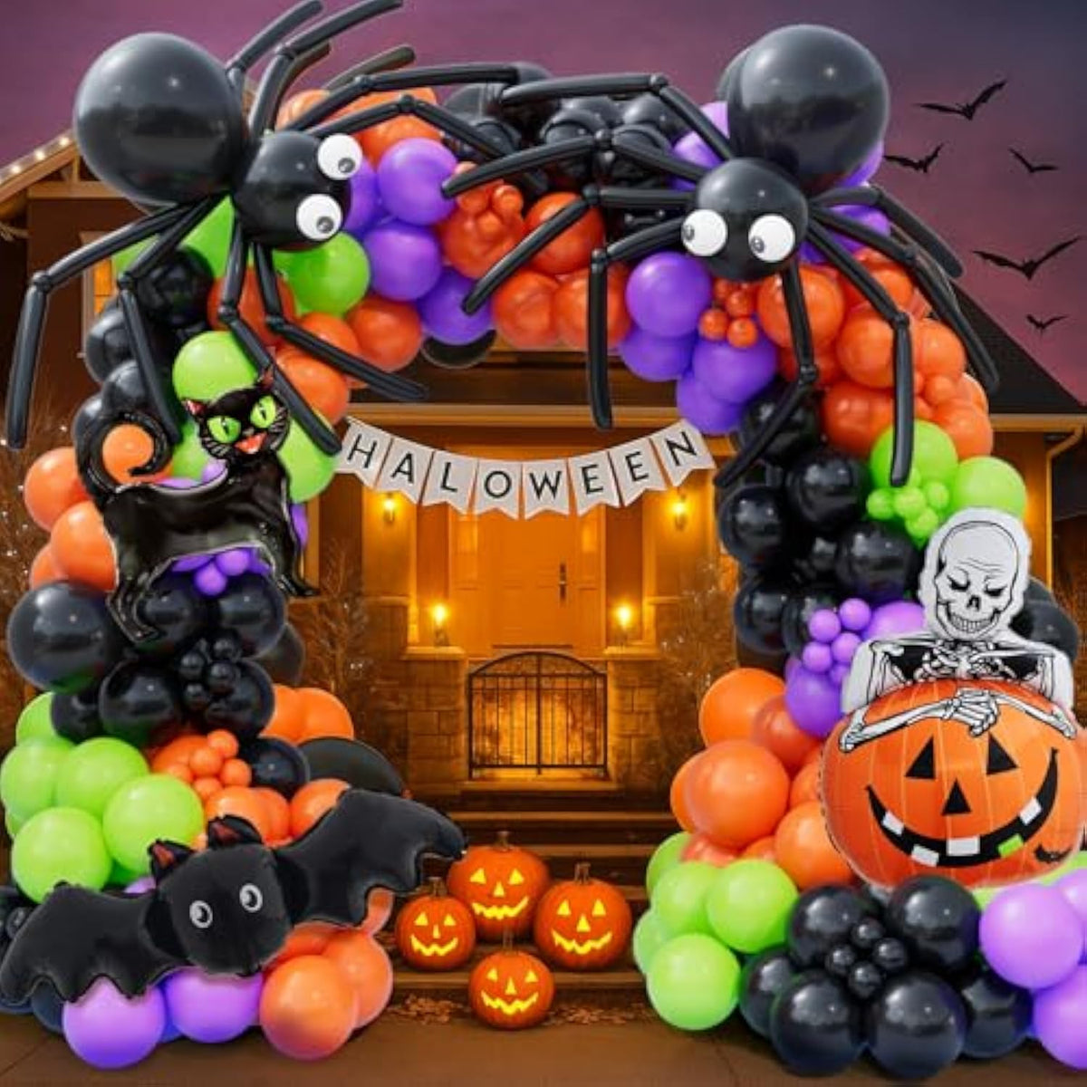 173Pcs Halloween Balloon Garland Arch Kit with Spider Foil Black Orange Green Purple Balloons