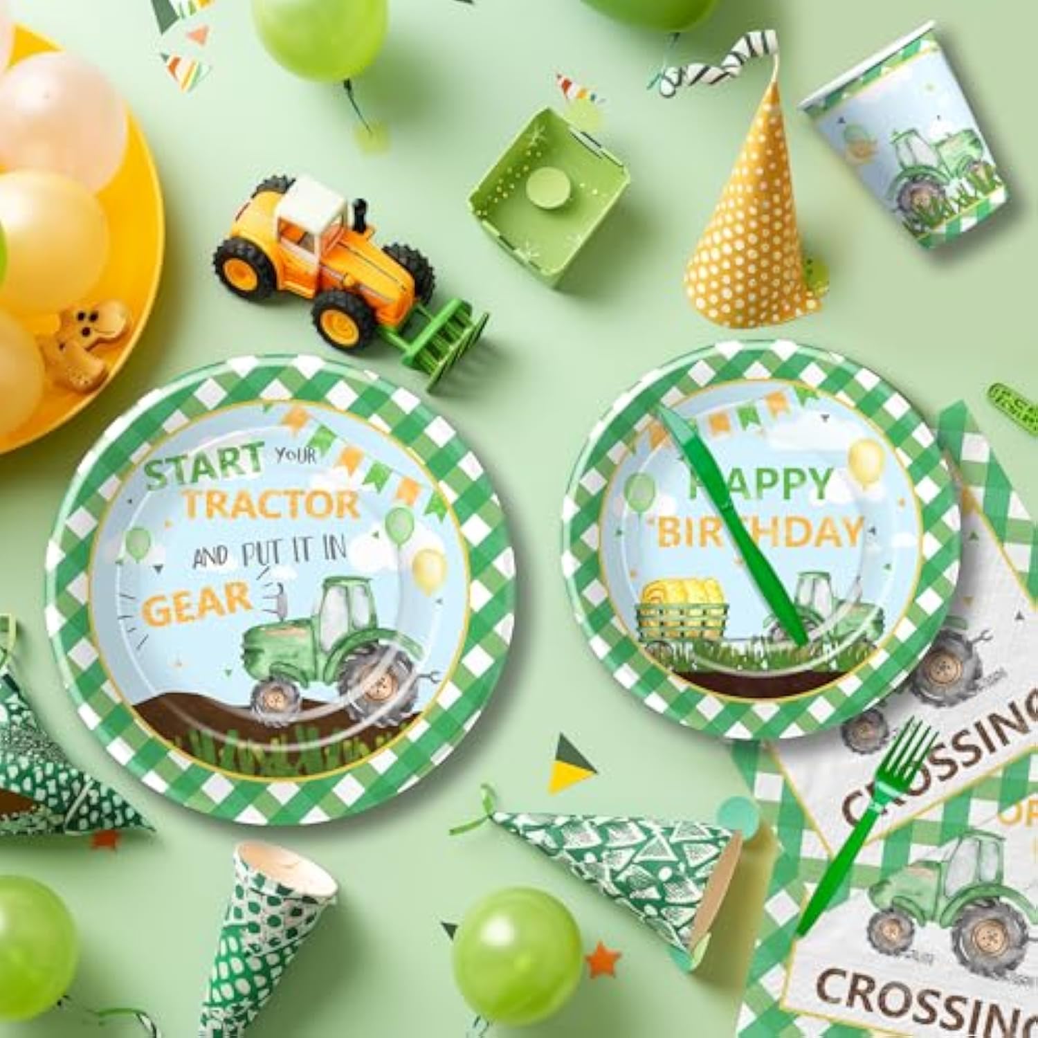 Tractor Birthday Plates And Napkins Party Supplies - Farm Theme Green Tractor Birthday Decorations Tableware, Paper Plate, Cup, Napkin, Disposable Fork | Serves 24