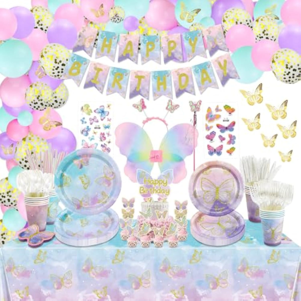 254 Pcs Party Decorations - Including Plates, Tablecloth, Balloons, Banner, Cups, Butterfly Wing Set For Birthday, Fairy Party Supplies